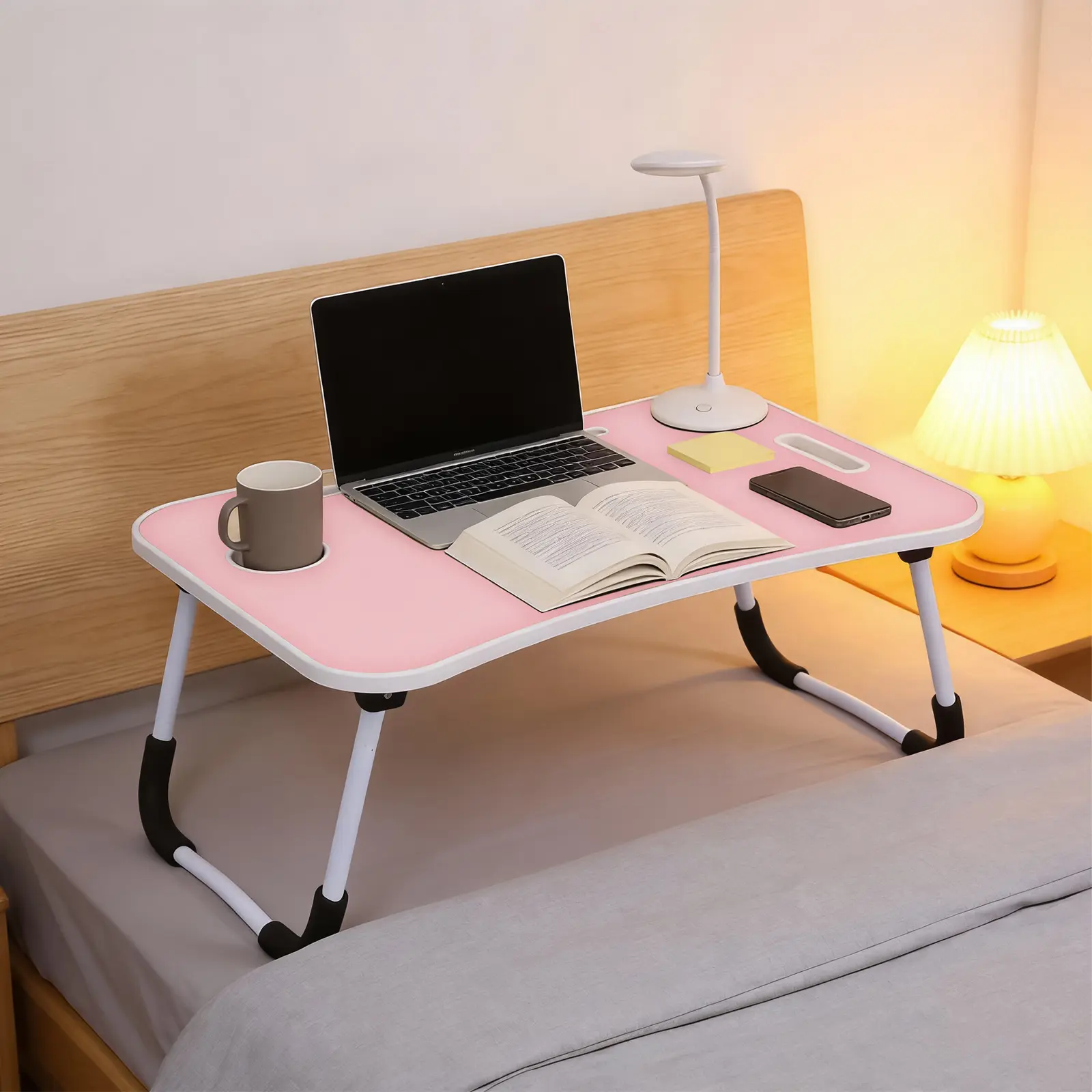 VQN Folding Portable Bedside Laptop Desk - Lightweight Compact Bed Accessories with Storage Drawer, Cup Holder, Bedroom Items for Bedroom Bed/Couch Working, Small Room Organization