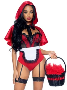 Leg Avenue Miss Red Riding Hood Costume - Red Cape, Black Lace, Red High-Waisted Outfit for Halloween