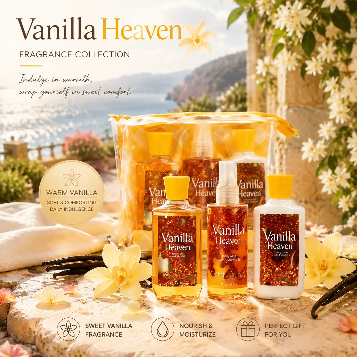 Vital Luxury Vanilla Heaven 3-Piece Bath & Body Travel Set (3oz) – Hydrating Shower Gel, Moisturizing Body Lotion & Fine Fragrance Mist, TSA Approved Toiletries Kit & Body Splash, Ideal Holiday Birthday Gift for Women