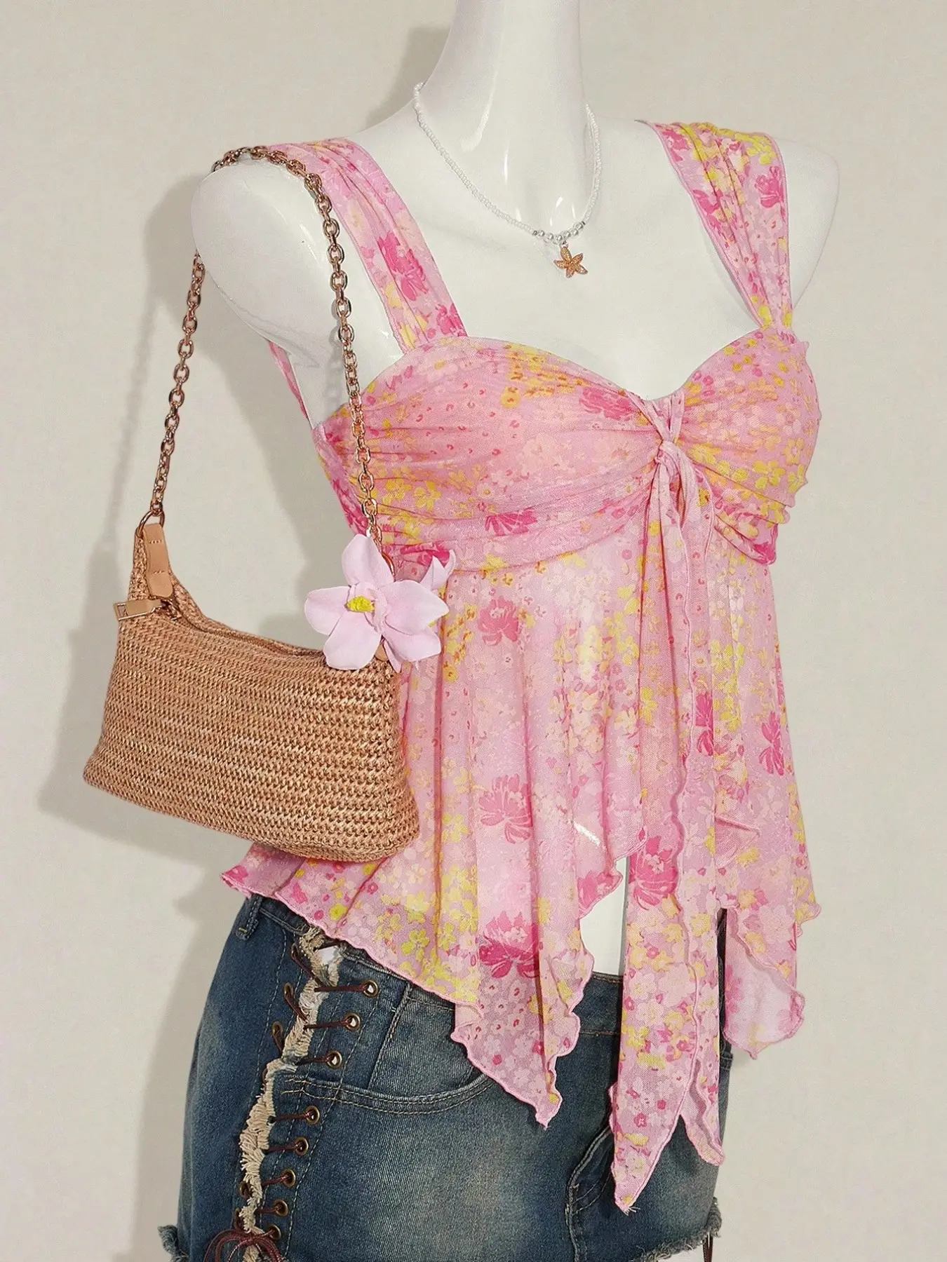 Women’s Floral Asymmetrical Hem Top, Cute Sheer Mesh Printed Sleeveless Boho Style Shirt for Spring & Summer, Vacation Style Floral Blouse, Bohemian Attire, Boho Chic Floral
