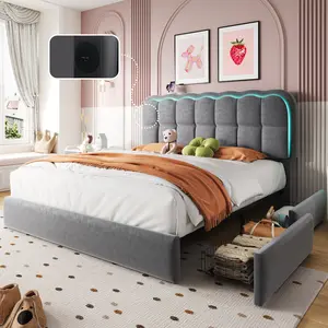 TryLazy Bed Frame with Lights and 4 Big Drawers, No Mattress, Diamond Headboard, Velvet Upholstered, Modern Style, No Box Spring Needed, Easy Assembly