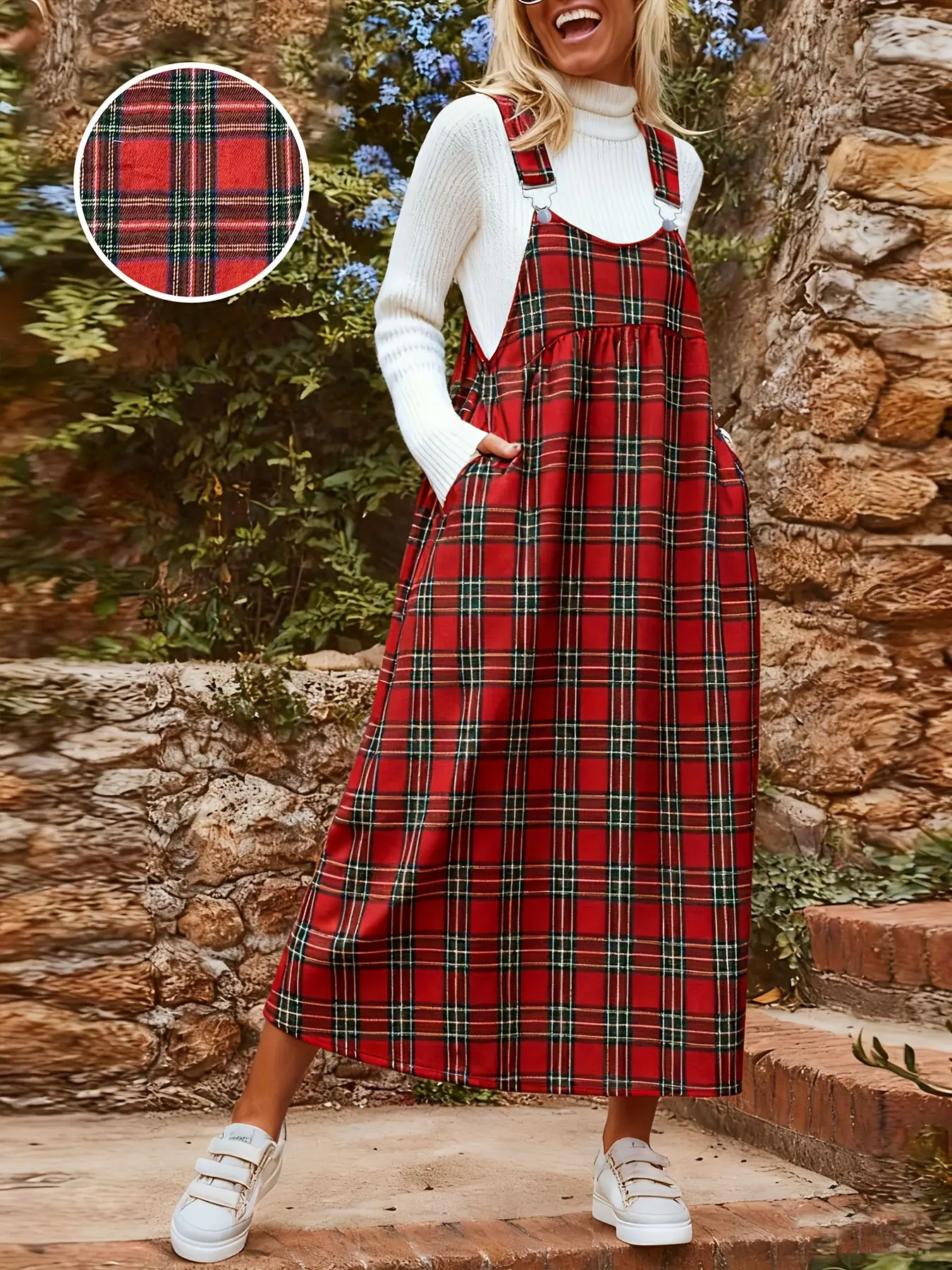 Women's Plus Size New Adjustable Strap Belted Print Plaid Fabric Casual Overall Dress, Stylish Loose Fit Design, Perfect for Daily & Everyday Wear & Comfortable