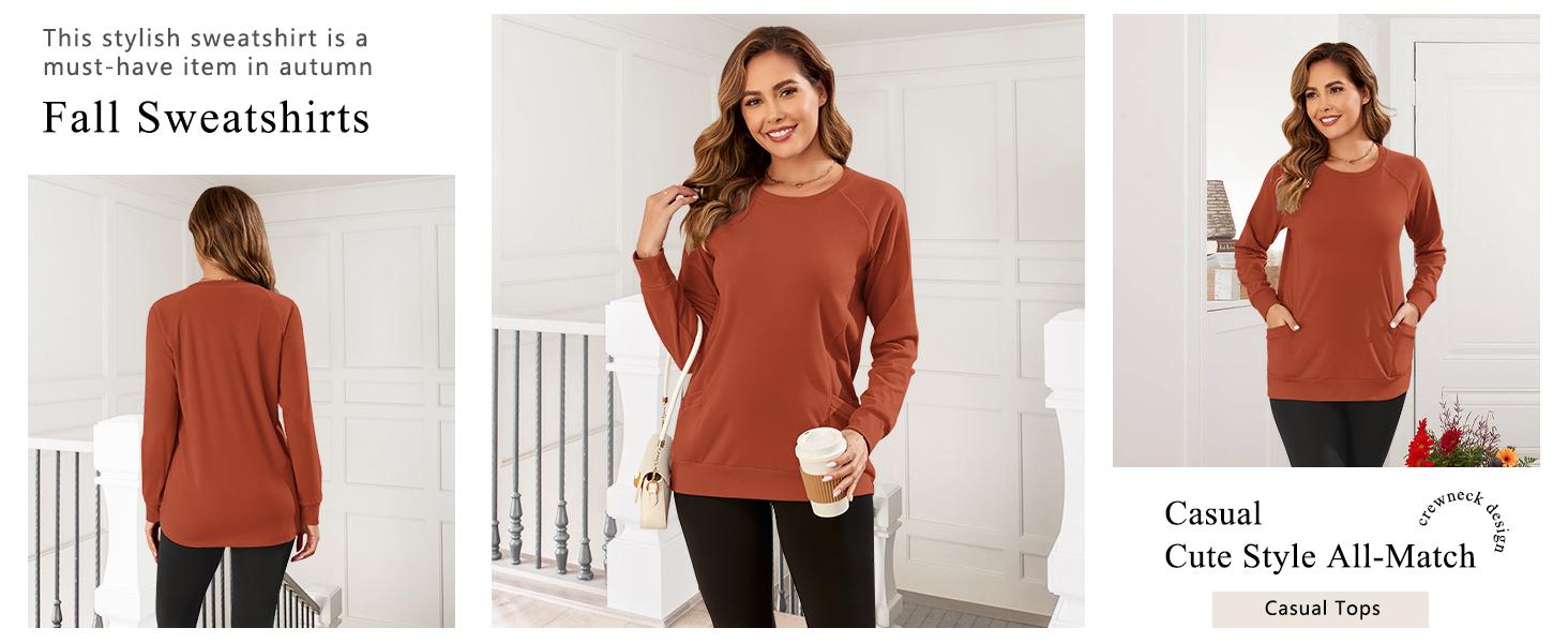 AUSELILY Women's Long-Sleeve Lightweight Sweatshirt with Side Pockets Womenswear Tops Extra Length Pullover
