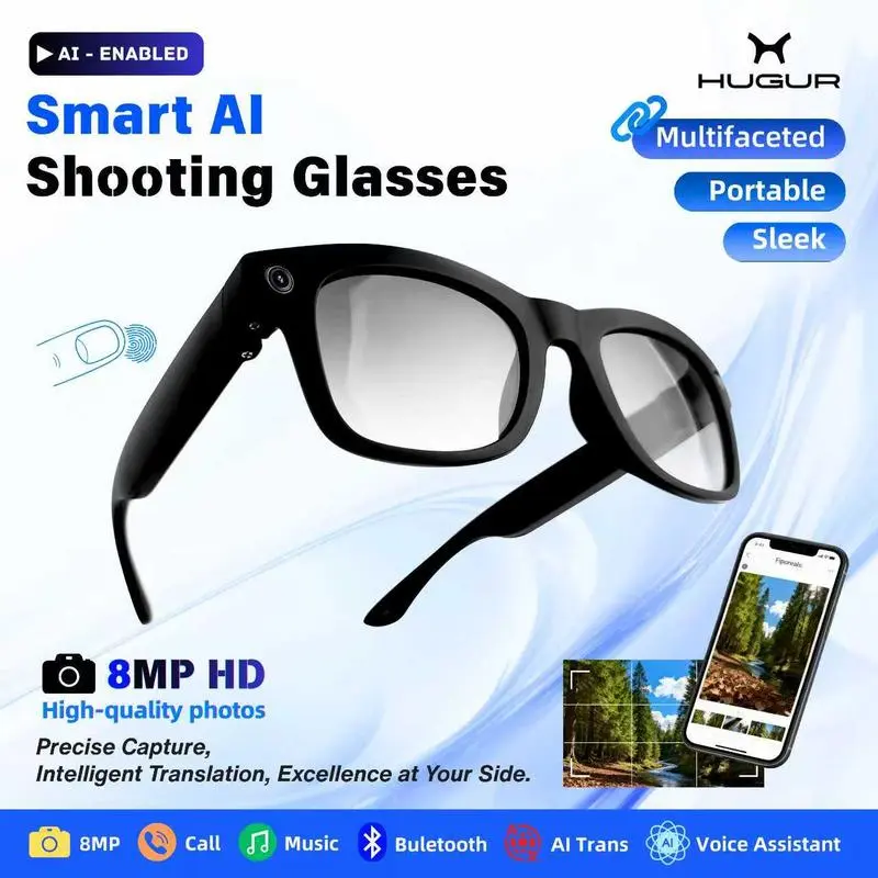 HUGUR AI Smart Glasses - Photochromic Lenses, Wireless Bluetooth Audio, Hands-Free Recording, Photo Capture, AI Translate, Voice Assistant, WiFi, iPhone/Android Compatible, Cool Tech Gadgets for Travel & Everyday Use, Wearable Tech Gifts, Casual, Recordin