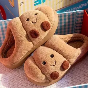 Women's Cute Croissant Plush Slippers – Warm Fuzzy Lined House Shoes, Non-Slip Thick Sole, Memory Foam Insole, Stylish Cartoon Bread Design for Winter Home Use