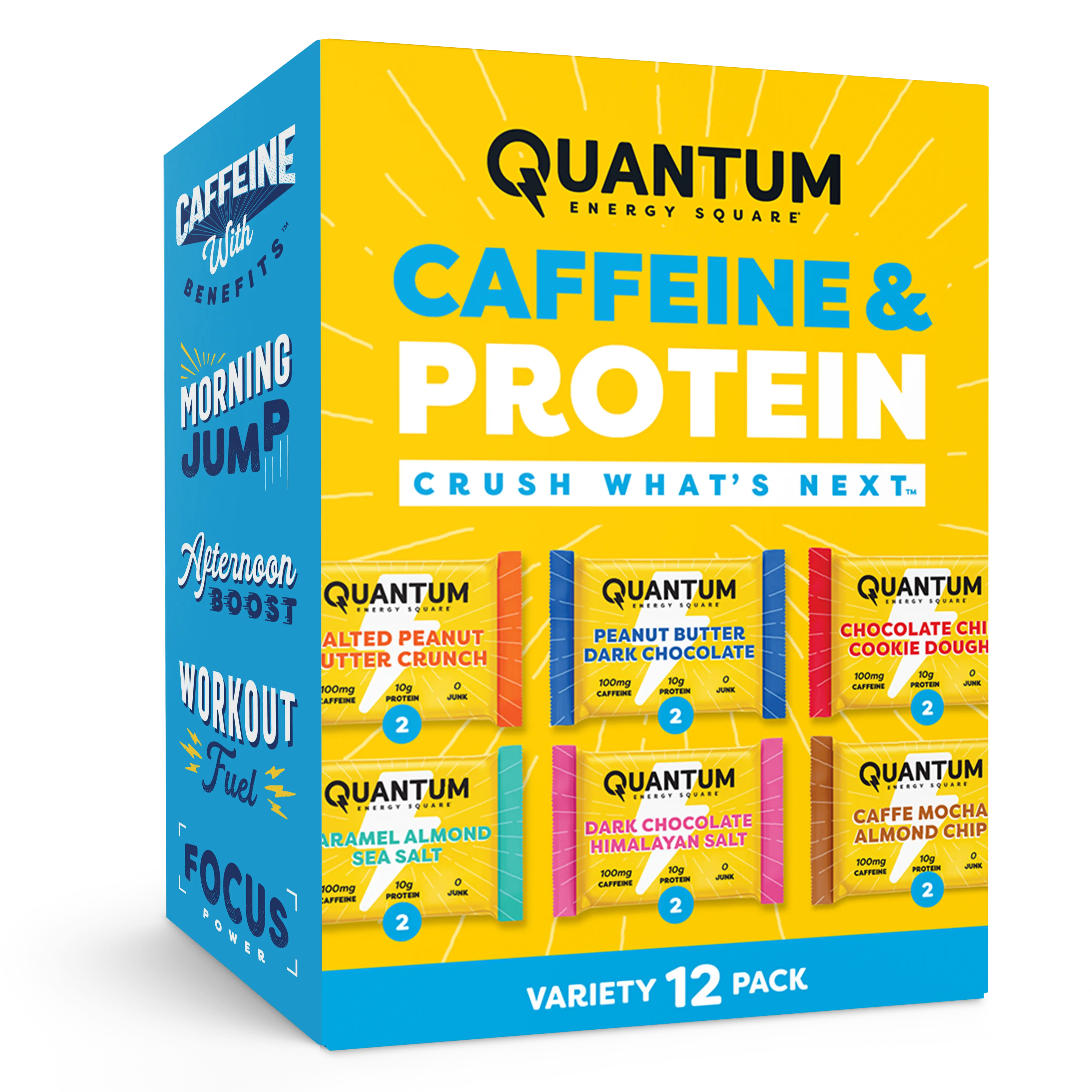 Quantum Energy Square Healthy Protein Energy Bars Variety 12Pk Snack - Organic Caffeine with Balanced Macronutrients, 10g Plant-Based Protein, Vegan, Gluten-Free, Non-GMO