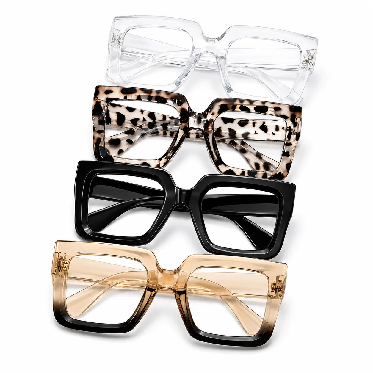 4-Pack Women’s Oversized Square Fashion Glasses, Clear Non-Prescription Eyewear in Assorted Colors for Daily Wear