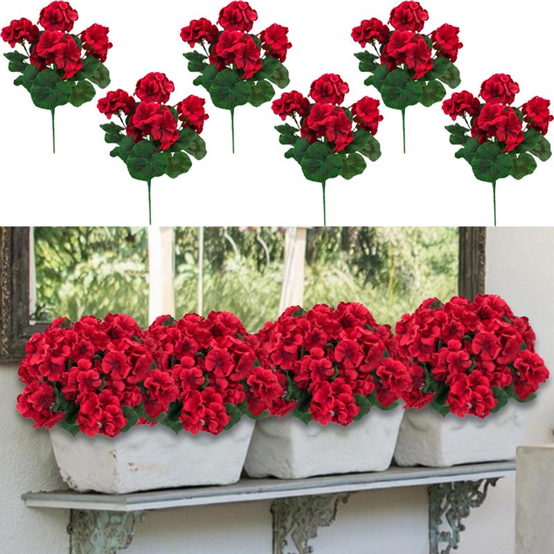 Bunch of 8 13.77 inches Artificial Geranium Flowers, Red Artificial Flowers, Silk Geranium Flowers, UV Resistant Garden Plants for Outdoor, Yard Decoration, Home, Kitchen, Table Decoration