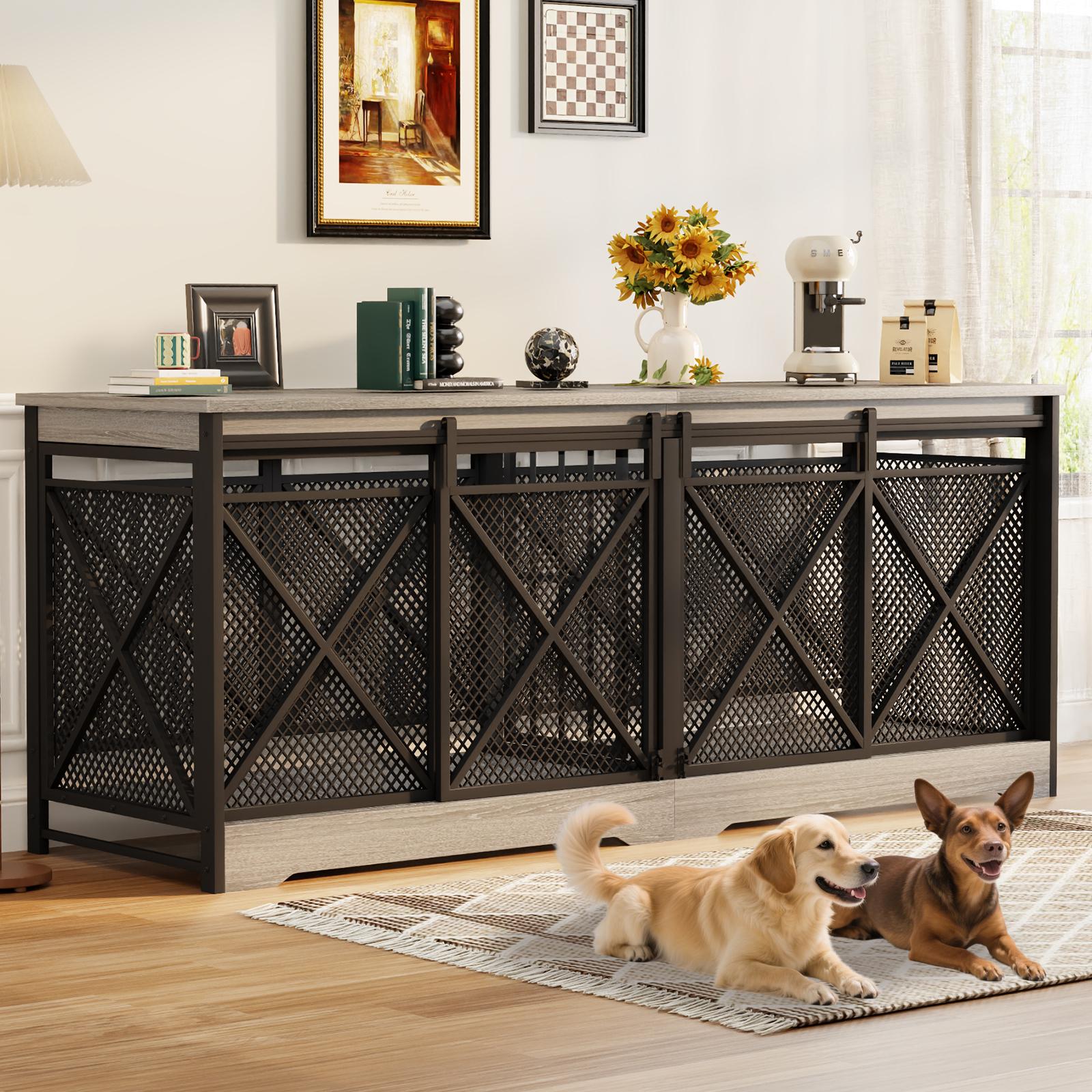 COZPAW 78" Double Dog Crate Furniture for 2 Dogs,Extra Large Furniture Style Dog Kennel,Heavy Duty Wooden XL Dog Cage with Removable Divider,Pet Cage TV Stand & Side Table (White Brown)