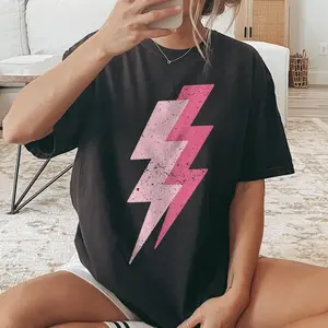 Pink Lightning Bolt T-Shirt, Trendy Soft Cotton Graphic Tee for Women, Retro 80s TShirt Y2k 90s Vintage Shirt, Oversized Punk Rock Aestheti,Black-Hoodie-front Black-Sweatshirt-front