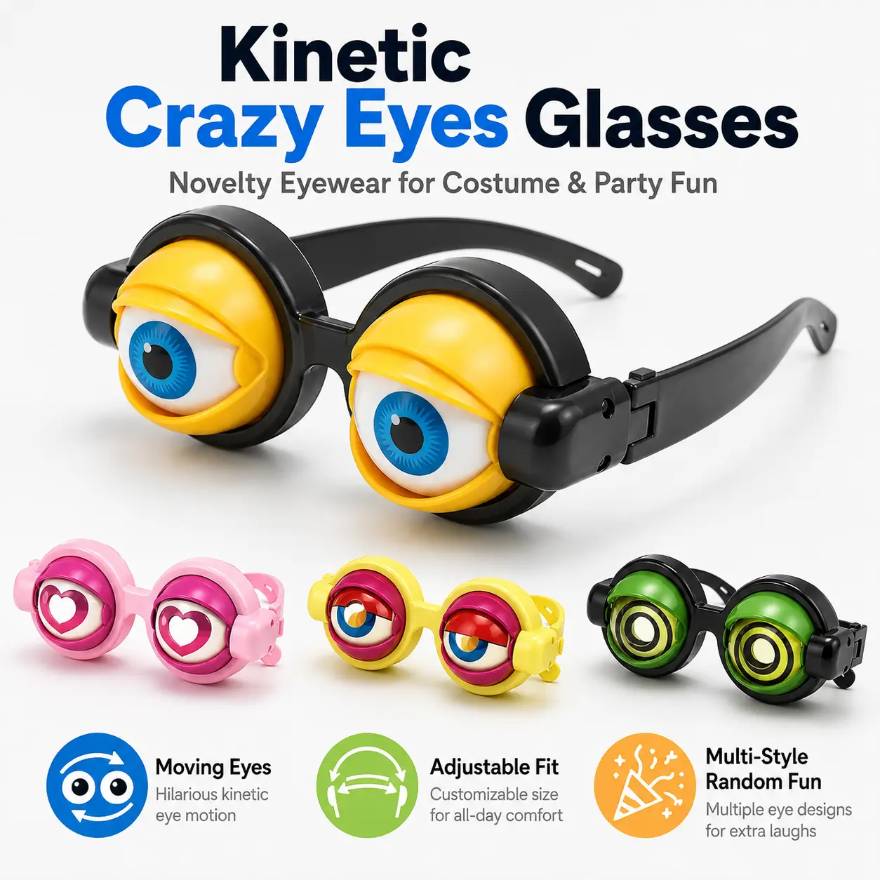 Kinetic Crazy Moving Eyes Party Glasses, Funny Novelty Costume Eyewear, Hilarious Decorative Accessory for Themed Parties & Cosplay Events