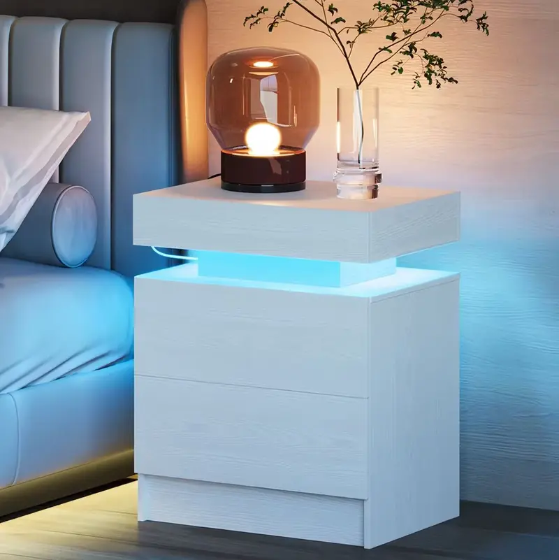LIKIMIO Night Stand with Charging Station, Modern Nightstand with LED Light and 2 Drawers, Bedside Tables/End Table for Bedroom