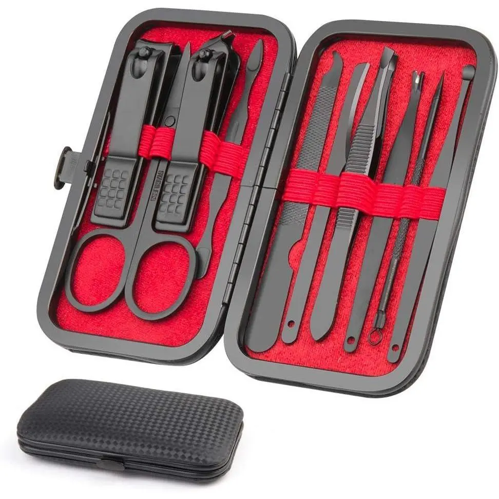All in One Grooming Kit Matte Black Stainless Steel Manicure Pedicure Set Professional Nail Clippers Tweezers Scissors with Portable Travel Case Personal Care Accessories Practical Gift Idea for Men Women Everyday Travel Essentials Gadgets