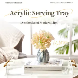 Clear Acrylic Serving Tray with Golden Handles, 12"/14"/16" Sturdy Huge Capacity Acrylic Tray for Coffee, Juice, Kitchen and Desk Organizer, Storage Tray