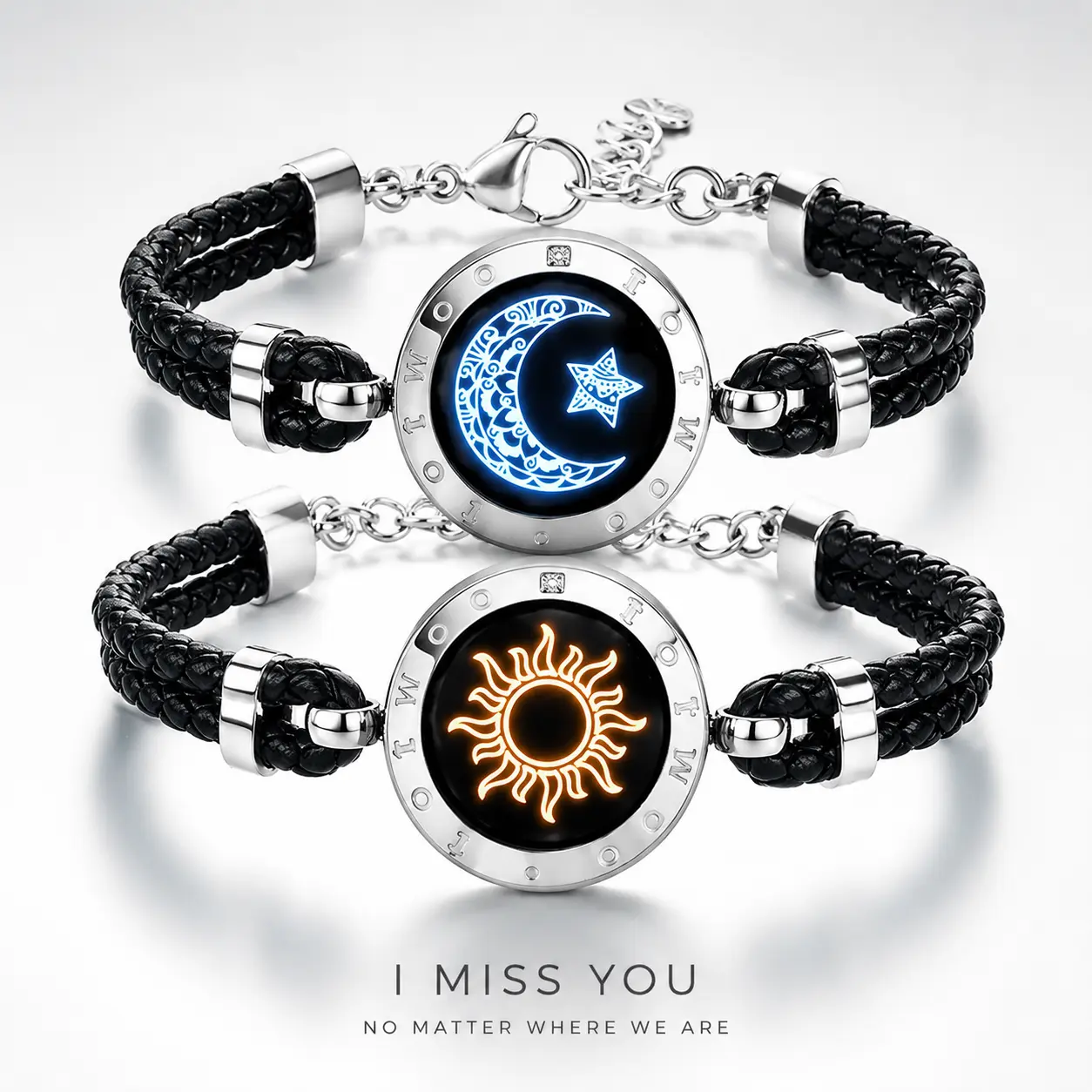 TOTWOO Long Distance Touch Bracelets for Couples, Light Up & Vibration Smart Bracelets for Love, Leather Fashion Jewelry with One-to-One Bluetooth App Pairing, Non Tarnish Fashionable Bangle Gift Jewelry for Women & Men