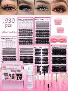 1930Pcs D Curl Large Capacity Eyelash 3 Trays Book Kit Bottom+Spike+60D+100D+30D+50D+80D+Cat40D/50D/60D+150D Natural Eye Makeup Easy To Carry, Reusable, With Make Up Tools Bond&Seal, Remover, Headband, Suitable For Daily Going Out, And Holidays