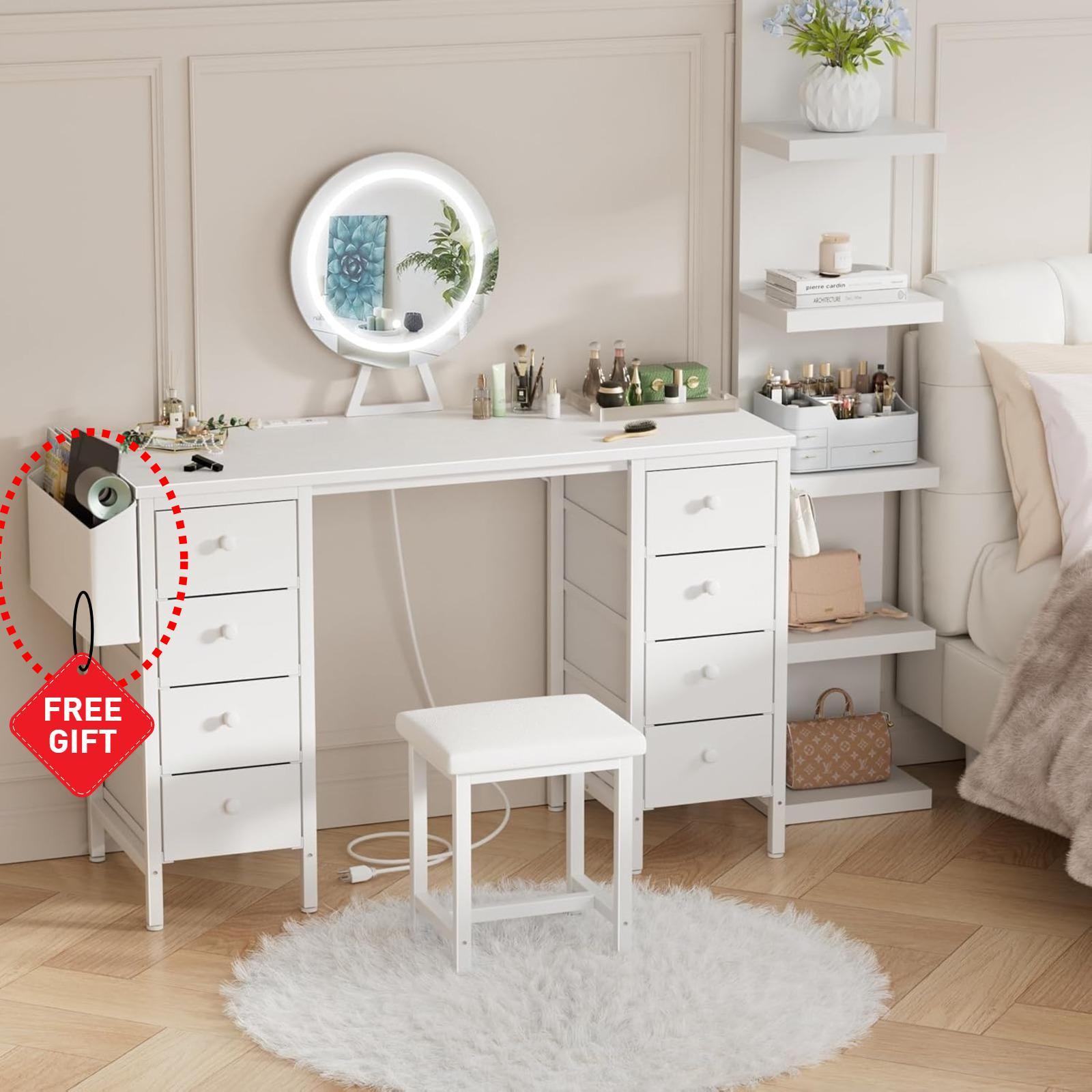 White Vanity Desk with Mirror and Light- Makeup Vanity Set Table with Chair, Storage, Lighted Mirror, 8 Large Fabric Drawers & Power Outlet, Dressing Table Vanities for Bedroom, Get Free Gift White Vanity Desk with Mirror and Light- Makeup Vanity Set Table with Chair, Storage, Lighted Mirror, 8 Large Fabric Drawers & Power Outlet, Dressing Table Vanities for Bedroom, Get Free Gift