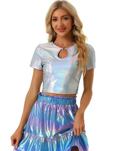INSPIRE CHIC Metallic Crop Tops Keyhole Short Sleeve Party Shiny Holographic Top