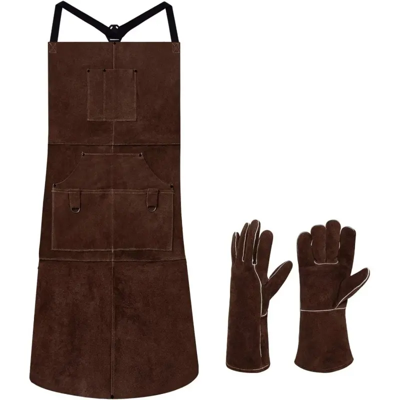 Welding Apron Set with Protective Work Gloves (2-Pack), Heavy-Duty Faux Leather Cowhide Heat-Resistant Sleeveless Apron, 6 Pockets, Padded Shoulder Straps, Soft Breathable Extra-Strong Denim Weave for Forging, Construction