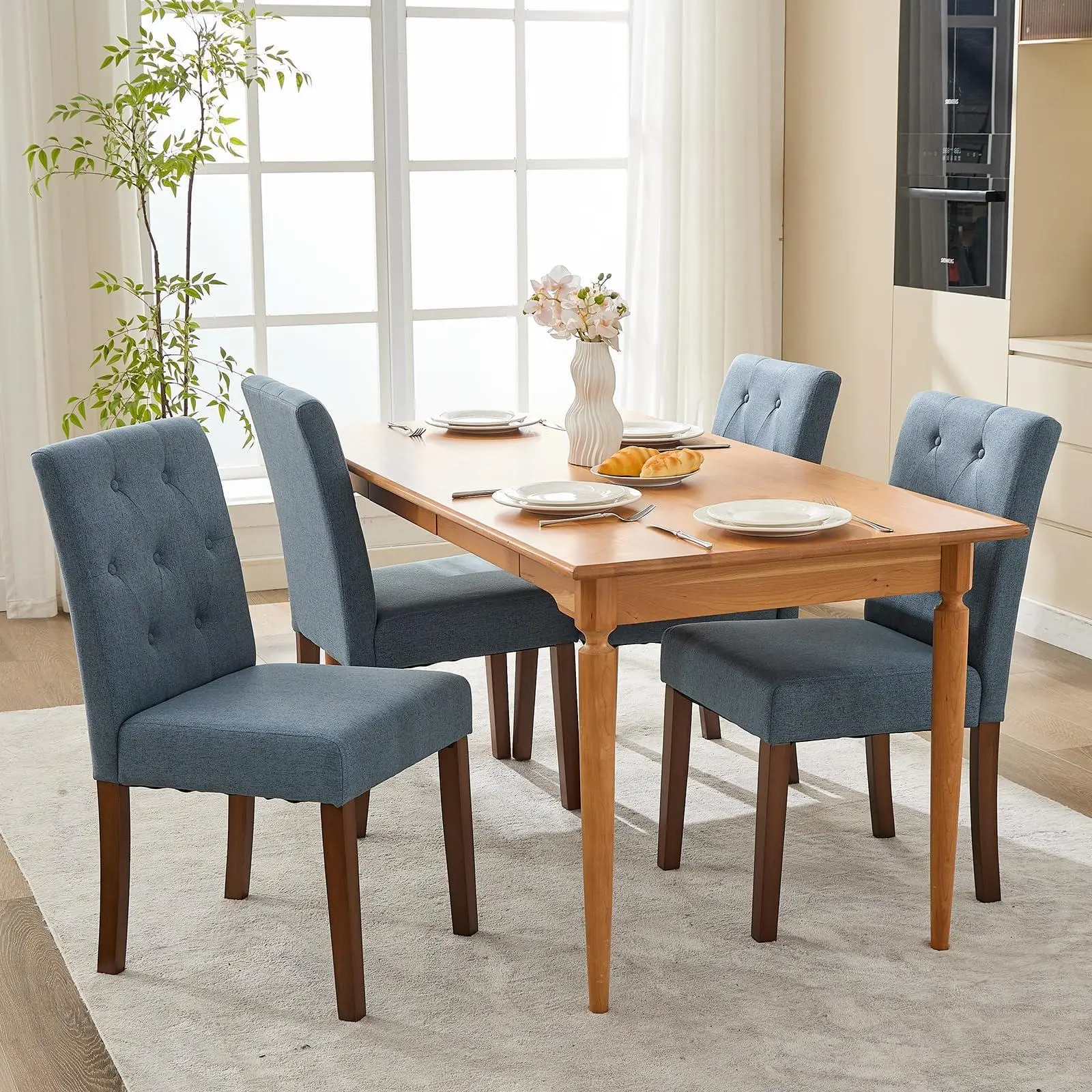 GAOMON 4-Piece Traditional Parsons Dining Chairs - Navy Blue Linen Fabric Upholstered Fixed High Back with Button Tufting, Durable Wood Legs, Fast Setup, Parsons Look, Assembly Required - Ideal for Kitchen, Dining Room, Ergonomic