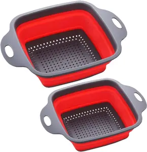 Square Collapsible Colander Set,2 Collapsible Colanders (Strainers) Set By - Includes 2 Folding Strainers (red & Grey)