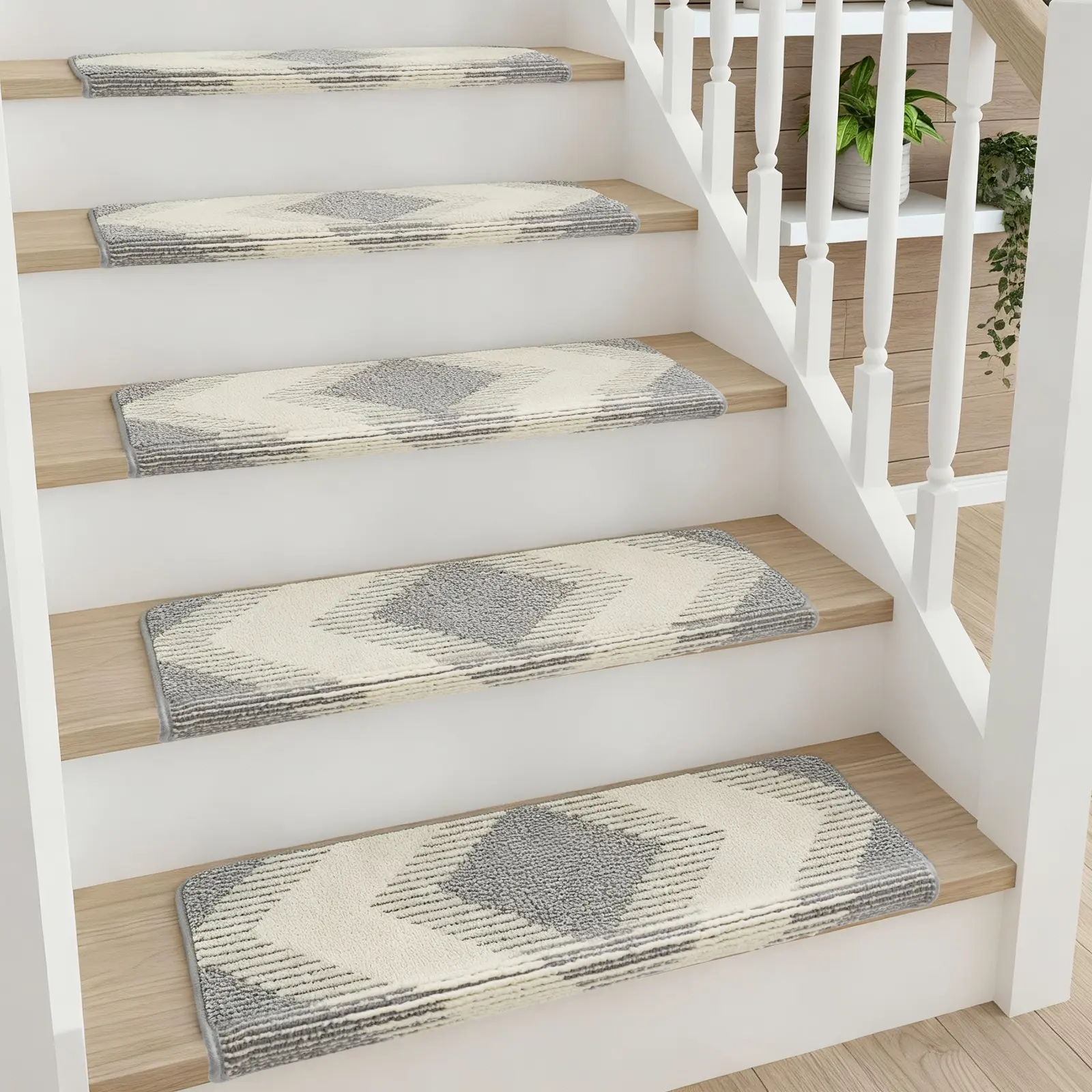 14 Pack 30"x9.5"x1.7" Carpet Stair Treads, Bullnose Stair Runner for Wooden Steps, dNon Slip Stair Treads for Dogs Kids and Elders, Luxury off-white and gray