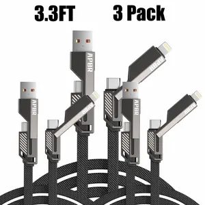 3 Pack 4-in-1 Multi USB Charging Cable 3.3ft with Breathing Light, Dual USB A, Type C, Lightning Connector, MAX 60W Fast Charging & Data Sync, Durable Braided Cord Compatible with iPhone 16/15/14/13, Samsung Galaxy, Tablets, Cable for Home Office Travel
