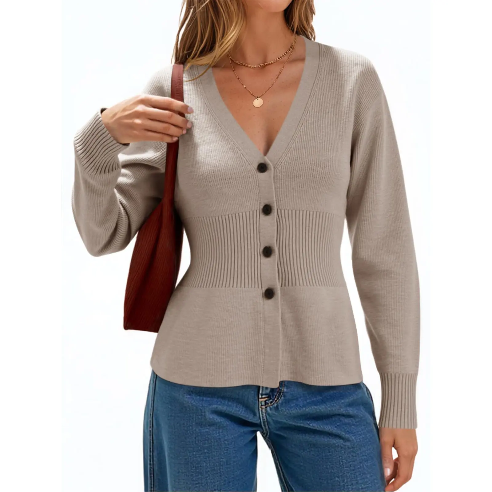 Cicy Bell Women's V Neck Cardigan Sweaters Long Sleeve Cinched Waist Knit Tops Dressy Casual Button Up Fitted Outerwear Knitwear Basic Minimalist  Womenswear