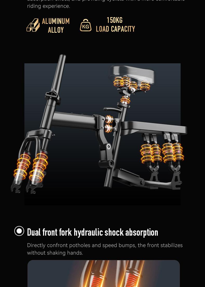 Electric Folding Bicycle 500W Motor 14-Inch Tires 48V 15Ah Battery 30-Mile Range Certified Shock Absorption Smart Urban Bike 1000W Peak Power 100KM Range Foldable with 16-Level Shock Absorption System Commuter Ebike Suspension Ebike Brakes