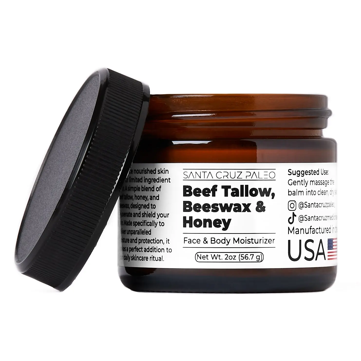 Santa Cruz Paleo Beef Tallow, Beeswax, and Honey Moisturizer - Grass Fed Beef Tallow Face & Body Moisturizer for Deep Hydration - Safe for Sensitive Skin, Organic, Non-Comedogenic (3.5 oz)