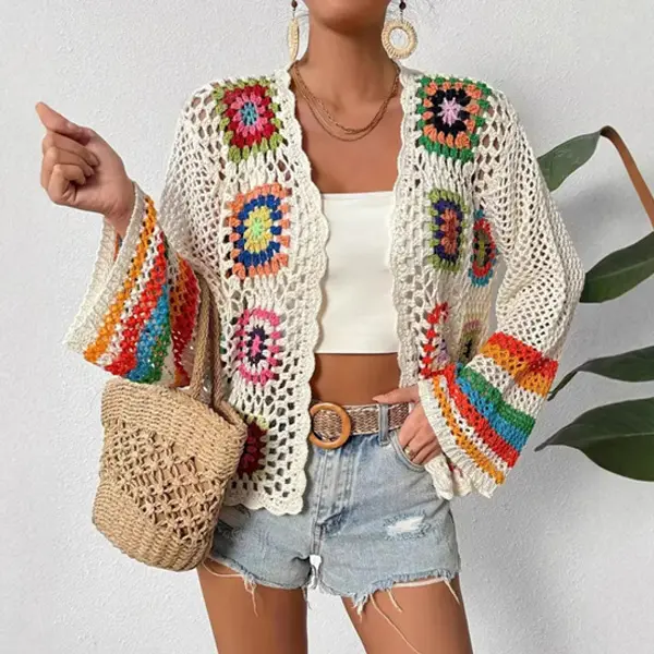 Women's Floral Crochet Cardigan Boho Hollow Out Sweater Lightweight Breathable Layering Beach Vacation Spring Outfit Gift Ladies Tops Vintage Knitwear