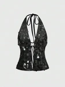 Grunge Punk Punk Rock Diva Festival, Halter Neck Sexy Sequin Cross Pendant Top For Women, Suitable For Music Festival, New Year Party, Y2K Millennium