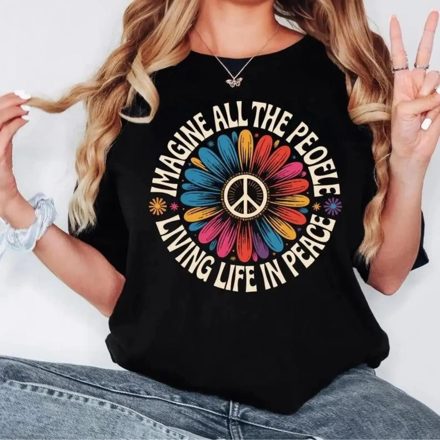 Imagine Peace T-Shirt |   Imagine All the People Living Life in Peace Floral Daisy Peace Sign Tee |   Hippie Boho Graphic Shirt |   Unique Peace Gift for Boho Lovers & Music Fans