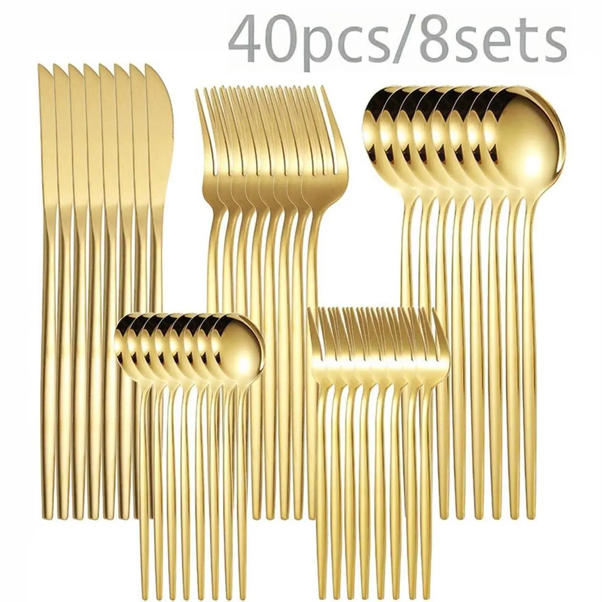Glam Gold Stainless Steel Western Curve Cutlery & Tableware Set - 40-Piece, Serves 8, Mirror-Polished Glossy Knives, Forks, Spoons, Dessert Spoons, Dessert Forks, Dishwasher Safe, Ideal for Holidays, Housewarming, Everyday Family Dinners, Formal Occasions