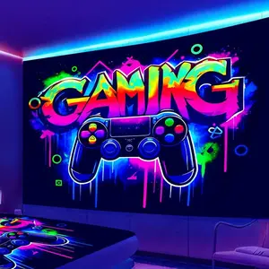 Game Controller Pattern Tapestry, UV Reactive Black Light Tapestry, Game Controller Neon Light Effect Wall Hanging, Bedroom Aesthetic Art Decoration Wall Tapestries summerwins