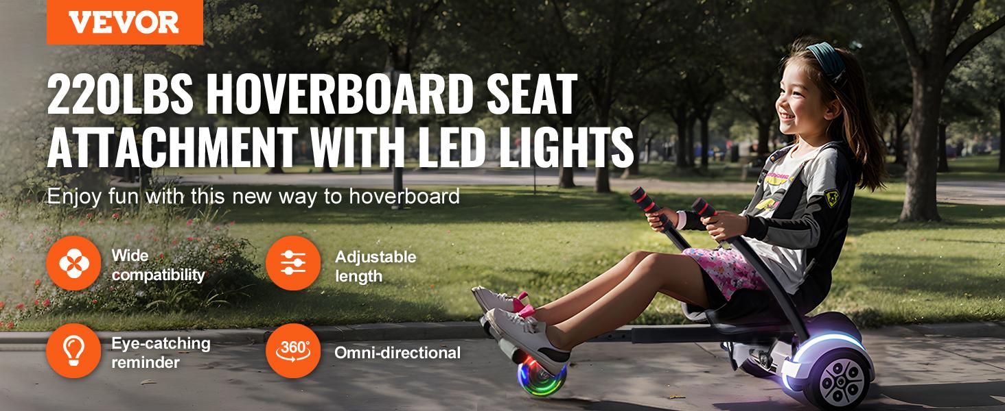 VEVOR Hoverboard Seat Attachment, for 6.5" 8" 8.5" 10" Hoverboards, with LED Lights, Grips Control, Adjustable Frame Length and 220 LBS Load Capacity, Hover Board Go Karts Accessory, for Kids Adults VEVOR Hoverboard Seat Attachment, for 6.5" 8" 8.5" 10" Hoverboards, with LED Lights, Grips Control, Adjustable Frame Length and 220 LBS Load Capacity, Hover Board Go Karts Accessory, for Kids Adults