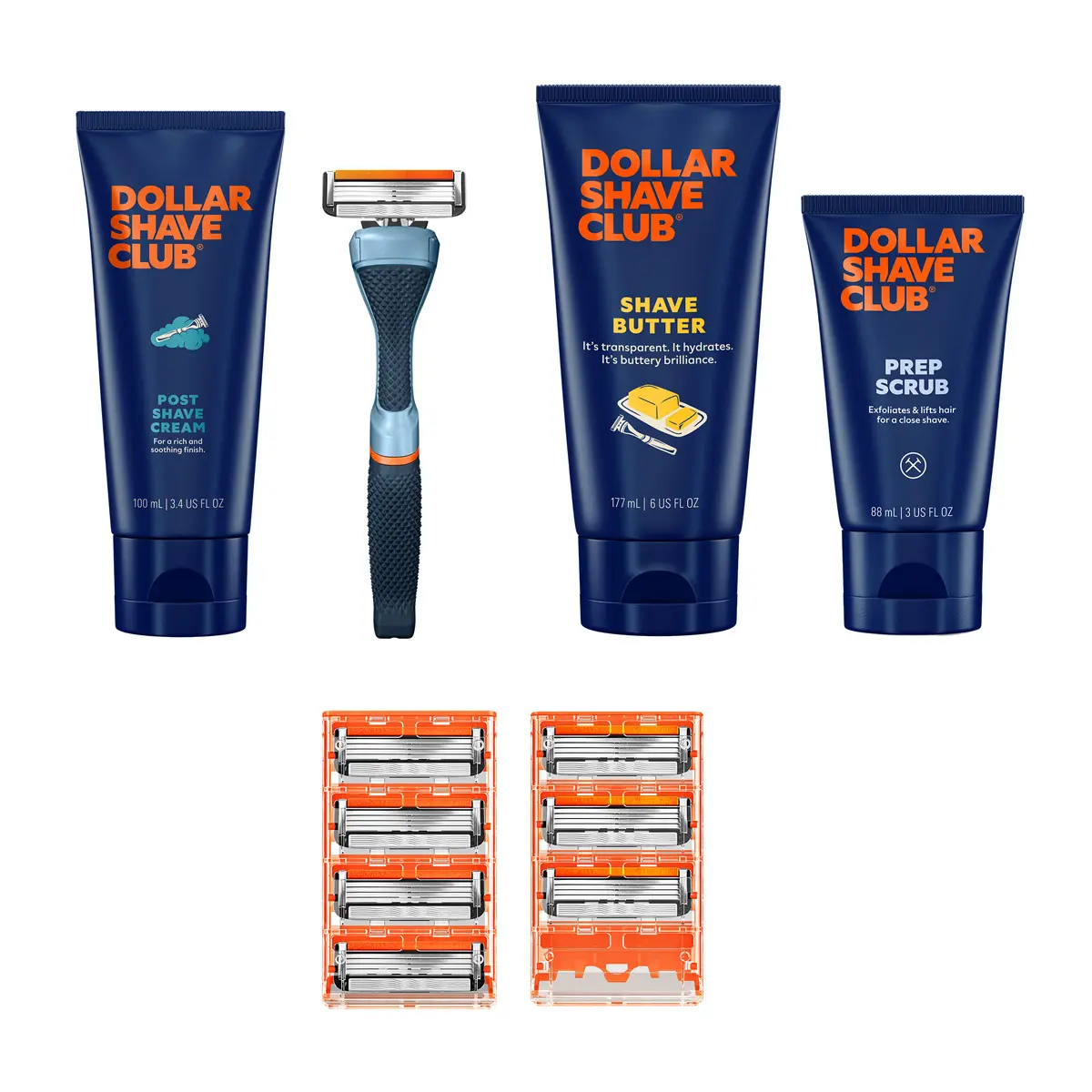Dollar Shave Club Men's Full Shave Routine Bundle – Diamond Grip Handle + Classic 4-Blade (8ct) + Prep Scrub + Shave Butter + Post Shave Cream
