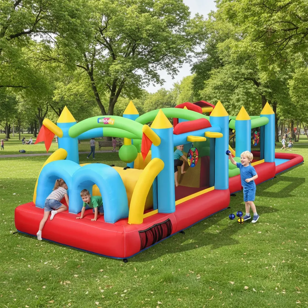 Whubefy 2-in-1 Connectable Bounce House & Water Slide Combo with Dual Blowers, Slide, Climbing Wall, Basketball Hoop, Punching Ball and Water Gun, Wet Dry Use, All Season Fun, Perfect for Kids Family Backyard Parties, mothersdaygift