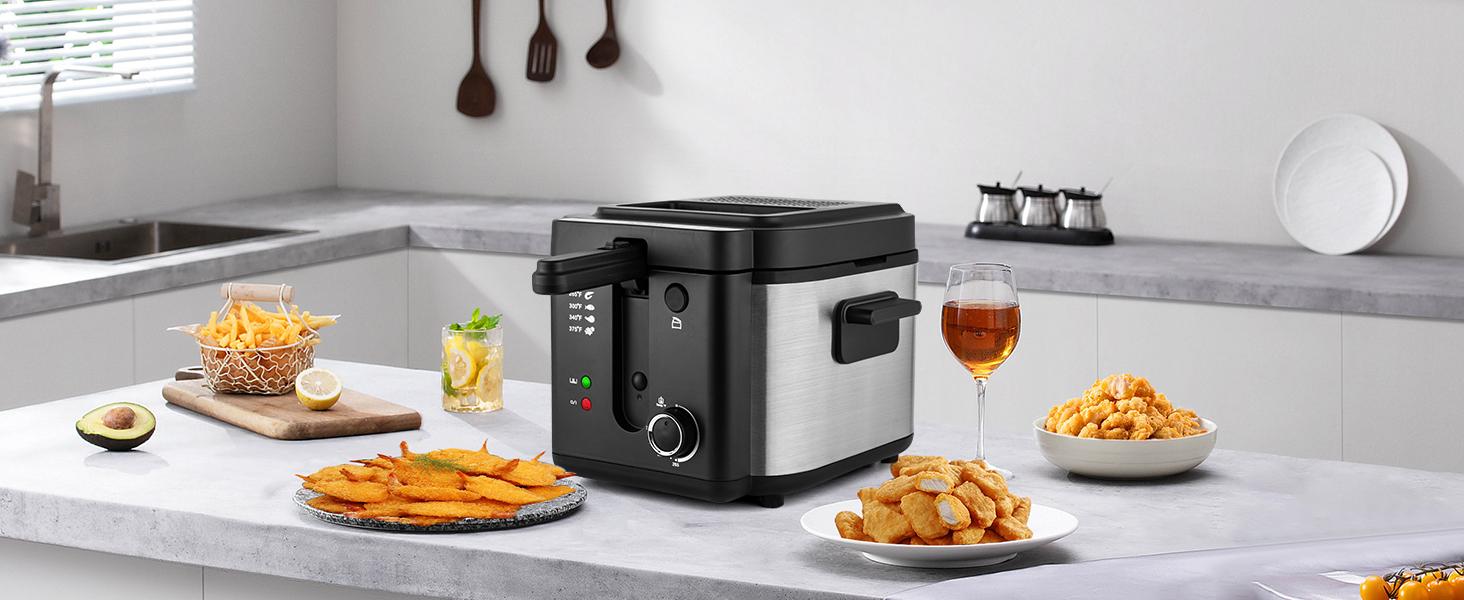 SUSTEAS 2.6 QT Deep Fryer 1500W with Temperature Control, Removable Lid, Non-Stick Inner Pot, and Easy to Clean Design Cooker