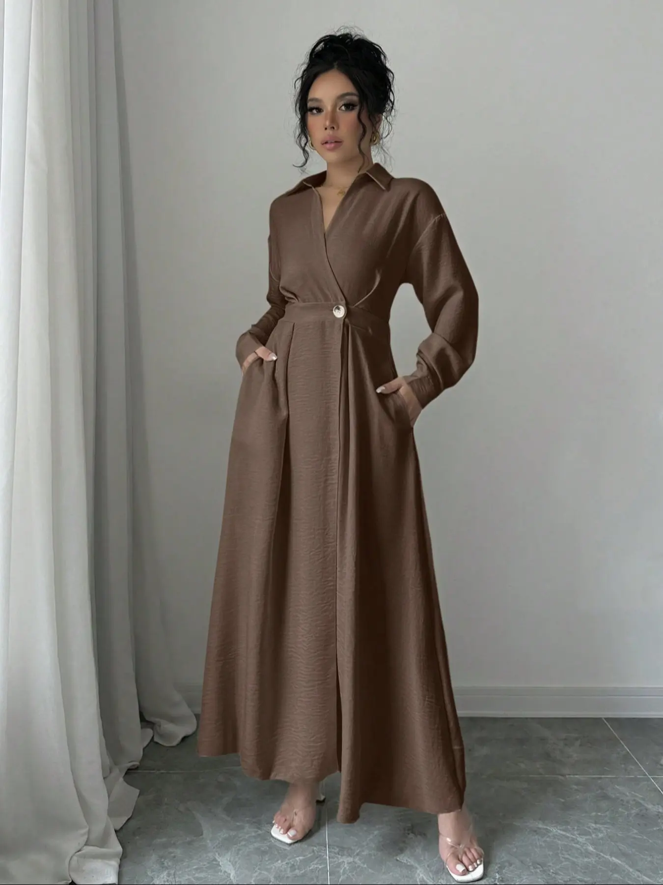 Women's Long Sleeve Button Front Dress, Wrap Design with Pockets, Casual Wear Spring & Fall, Plain Pattern