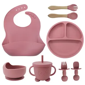 8pcs silicone baby feeding set, including suction cup bowl, divider plate, spoon, fork, sippy cup, adjustable bib, self-feeding toddler tableware set, suitable for 0-3 years old, suitable for babies to eat independently