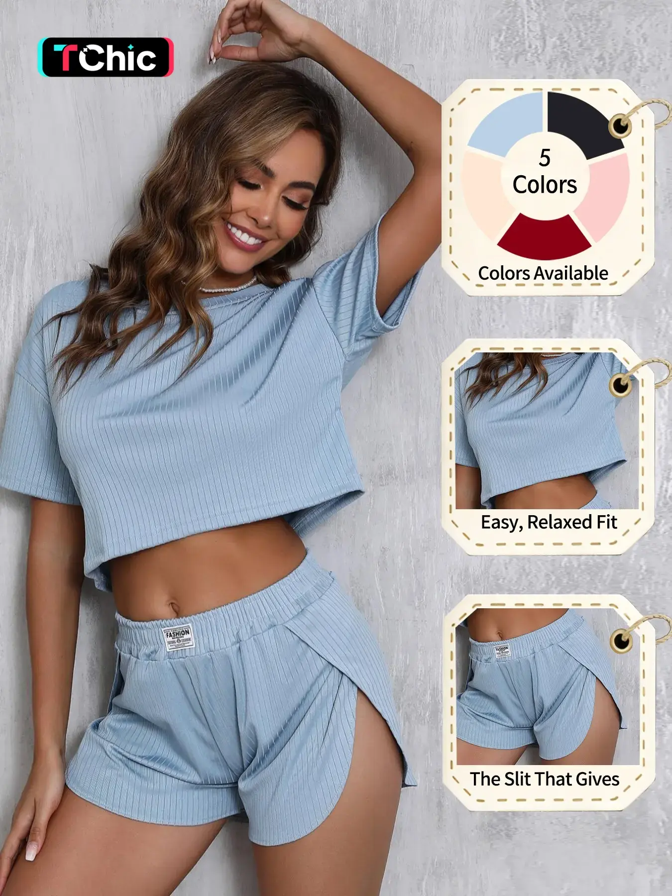 Women's Solid Elastic Ribbed Crop Tee & Shorts Slit Pajama Two-piece Set, Casual Comfy Fit Short Sleeve T-shirt & Shorts Nightwear Pajama Set, Ladies Summer Sleepwear Loungewear, Homewear, Pjs, Aesthetic