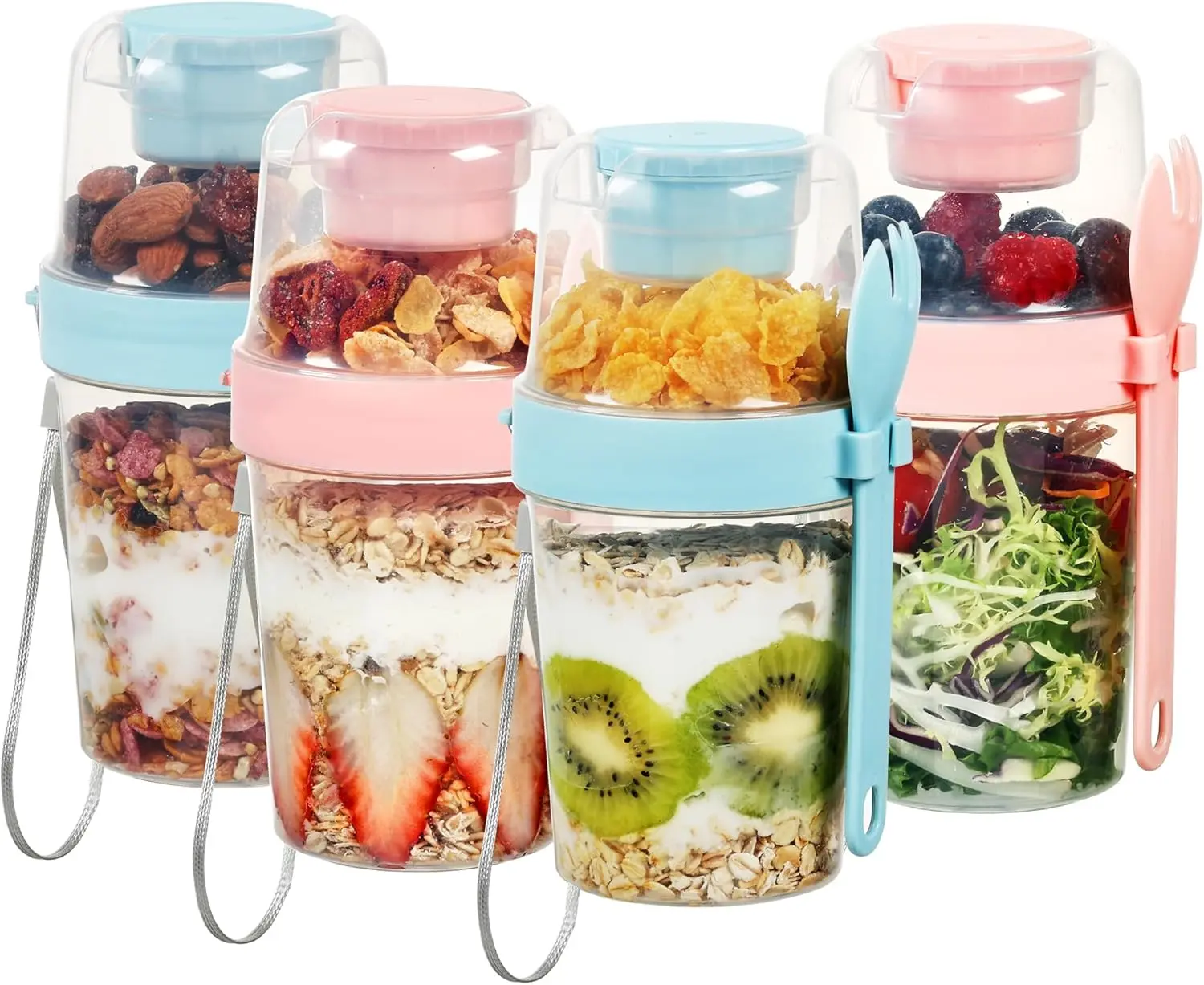 4-Pack 27oz Kitchen Yogurt Parfait Cups with Airtight Lids, Spoons and Reusable Topping Compartment, Overnight Oats Storage Utensils for On-the-Go Breakfast with Yogurt or Cereal