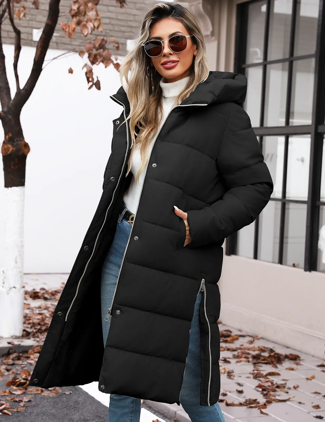 UMIPUBO Women's Winter Mid-Length Puffy Coat - Thermal, Padded, Comfortable Garment with Hood, Side Zipper, Thick Quilted Warm Outerwear, Tops, Smooth