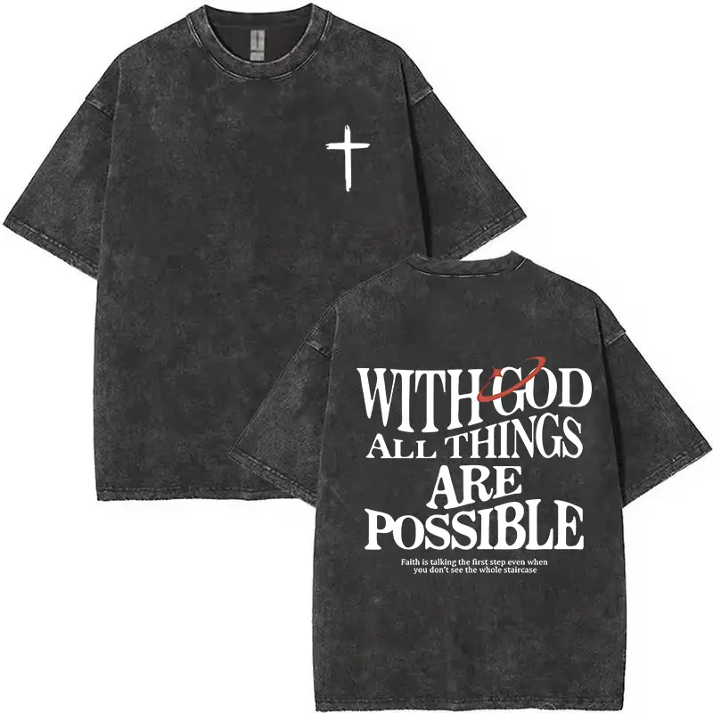Men's Vintage Washed Cotton Good Graphic Tee - Christian 'With God All Things Are Possible' Quote, Loose Fit Short-Sleeve Menswear Top, Tops
