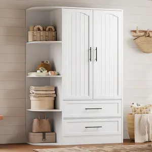 HOOBRO Wardrobe Closet, Storage Closet Cabinet with 2 Drawers, Bedroom Armoire with Storage Shelves, Modern Style with Arc-Designed Side Shelves, Open and Hidden Space, for Bedroom, White