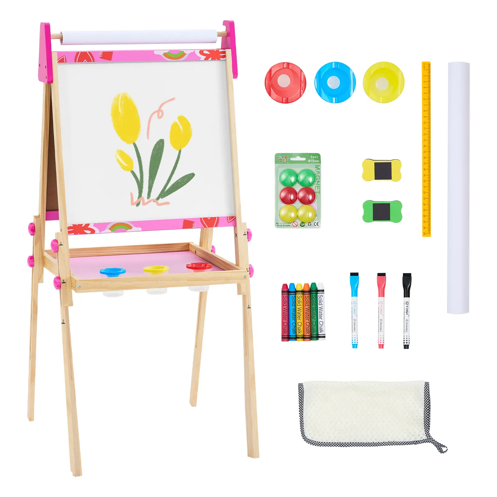 Kids Easel, Double-Sided Magnet Whiteboard & Chalkboard with Paper Roll, Storage Shelf & Accessories