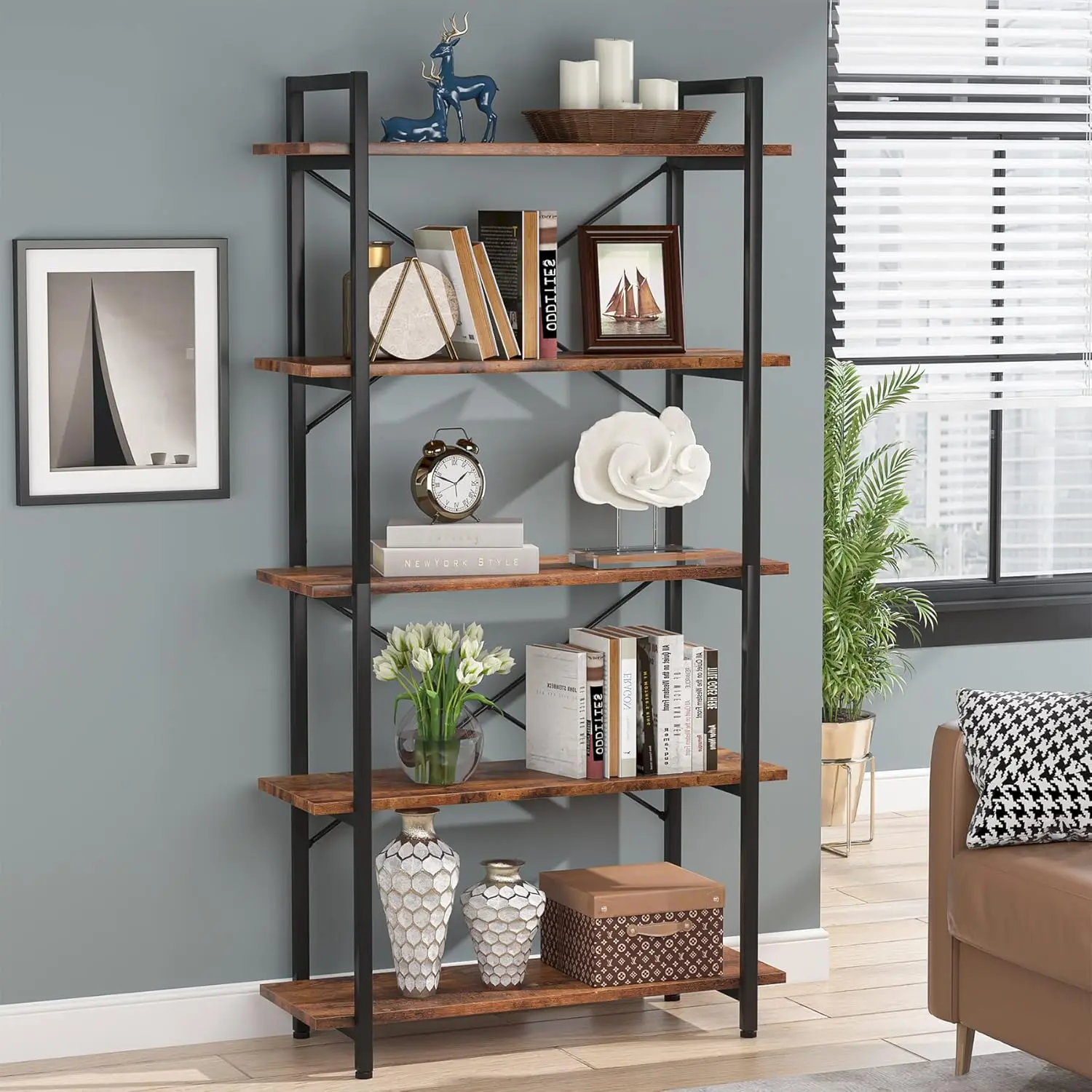 LITTLE TREE 5 Tier Bookshelf, Industrial Etagere Bookcase with Metal Frame, Rustic Tall Book Shelf Unit for Living Room, Study, Home Office