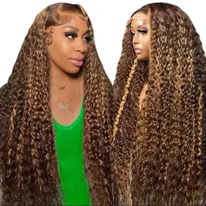 30inch Highlight Ombre Lace Front Wig Human Hair Deep Wave 13x6 HD Honey Blonde Lace Frontal Wigs P4/27 Curly Human Hair Wig Glueless Wigs Human Hair