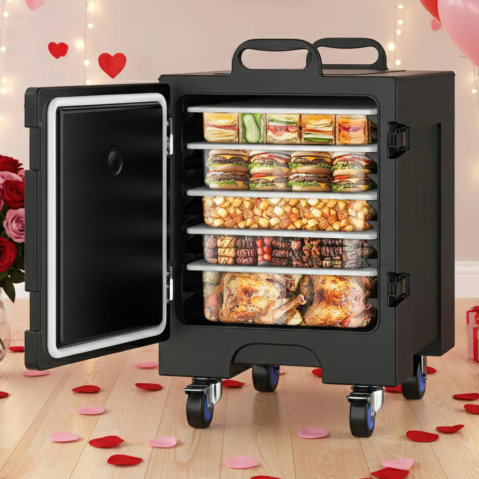 [Dealsforyoudays Summerwins] 81 Qt Durable LLDPE Insulated Food Pan Carrier - Kitchen Food Storage Container, Multipurpose Organizer with Double Buckles, Lockable Wheels, Handles, Stackable Design, Versatile for Any Occasion, Multipurpose Food Organizer